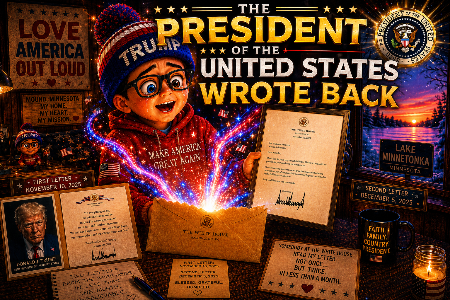 Nicholas “Nick” Petersen opening a real signed White House letter from President Donald J. Trump after the 2025 inauguration. Patriotic artwork featuring American flags, Mound Minnesota, and two presidential letters received in less than one month.
