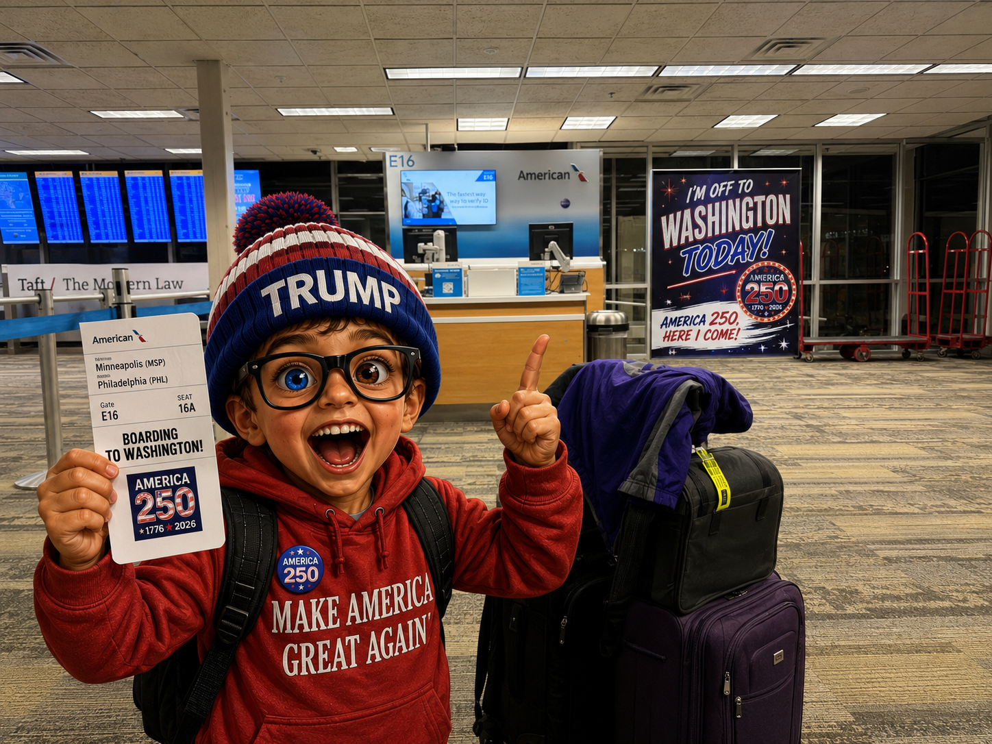 Excited young boy at Minneapolis airport wearing a Trump beanie and America 250 hoodie, holding his boarding pass to Washington DC for America 250, America’s 250th birthday celebration
