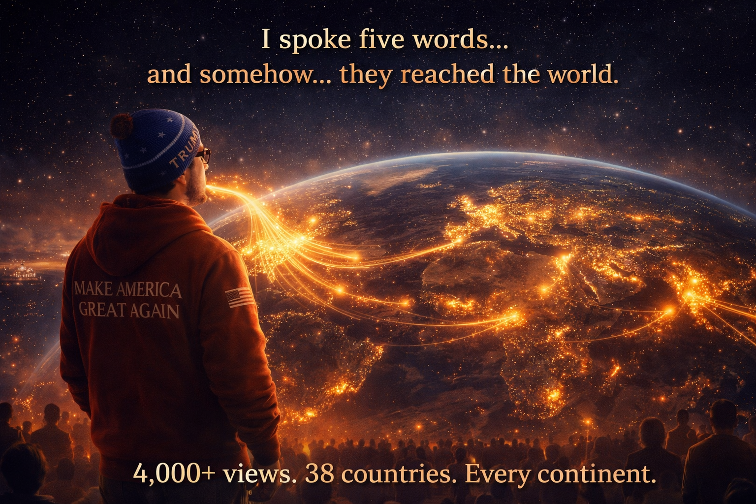 Nick Petersen in Trump hoodie and beanie looking out at planet Earth at night, symbolizing his message reaching 4,000+ views across 38 countries and every continent