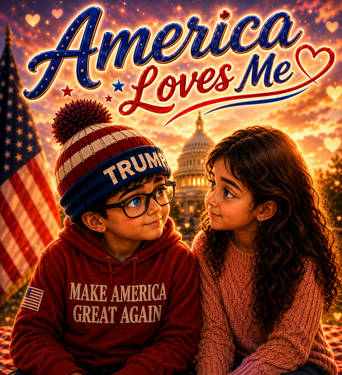 Two children sitting outdoors during a sunset, with the U.S. Capitol in the background. The boy wears a red hoodie with the slogan 'Make America Great Again' and a red, white, and blue knit cap that says 'TRUMP.' The girl wears a pink sweater. There is a large American flag to the left and the sky is filled with floating heart shapes. The text above them says, 'America loves me.'