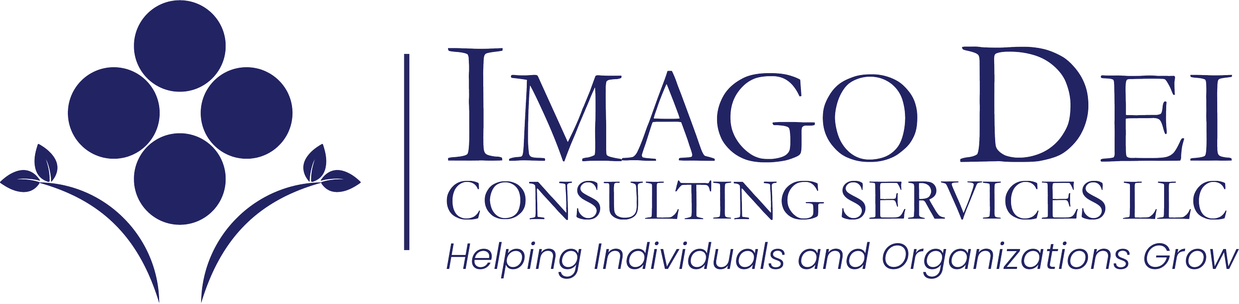 Logo for IMAGO DEI Consulting Services LLC, featuring a stylized tree with five dark blue circles as leaves and the company's name and slogan.