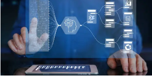 Hand interacting with virtual digital interface displaying icons related to artificial intelligence, data analysis, and technology on a tablet and virtual screen.