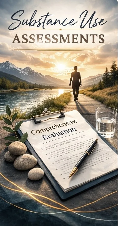 The image features a scenic outdoor landscape with mountains, a river, and a sunset sky. In the foreground, there is a clipboard holding a comprehensive evaluation form, a pen, a glass of water, some smooth stones, and a small green plant. The text overlay reads 'Substance Use Assessments'.