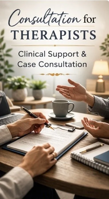 A consultation for therapists featuring a table with two people discussing, with a laptop, notebook, pen, a coffee mug, and a lamp in the background.