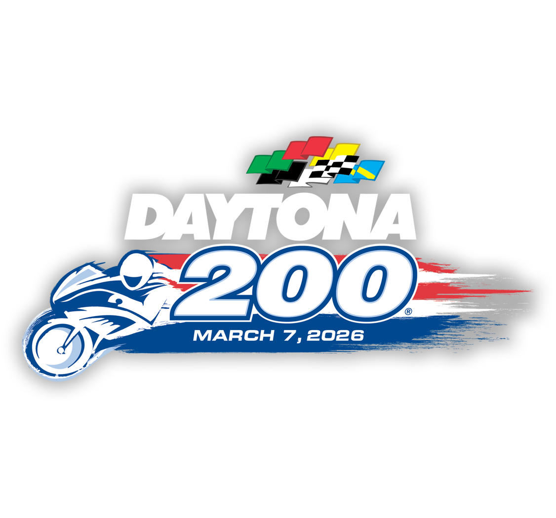Logo for the Daytona 200 motorcycle race, held on March 7, 2026, featuring a stylized motorcycle rider, race flags, and bold text with the event details.