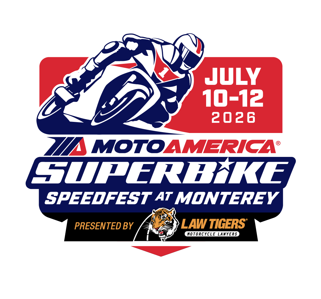 Motorcycle racing event logo for MotoAmerica Superbike Speedfest at Monterey, July 10-12, 2026, presented by Law Tigers Motorcycle Lawyers. Features a stylized motorcycle racer and tiger logo.
