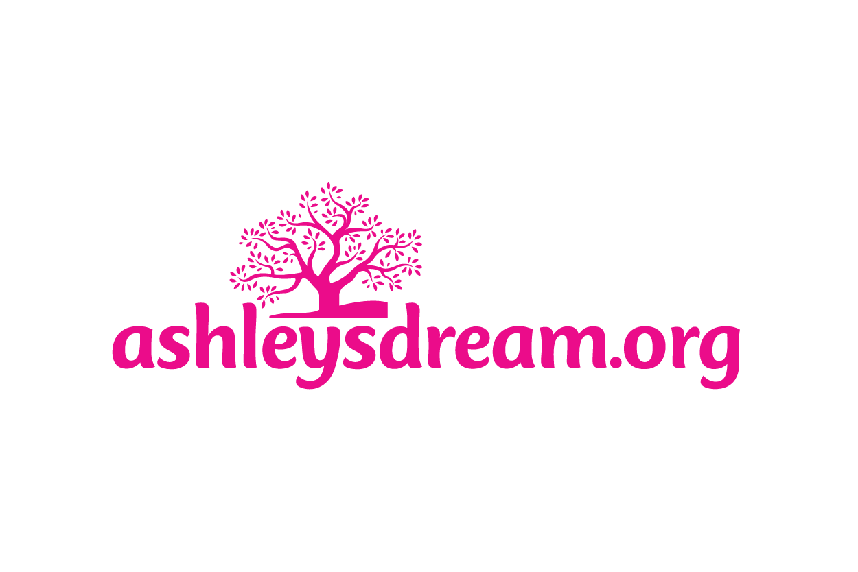 Pink logo with a tree and the text "ashleydream.org" on a black background.