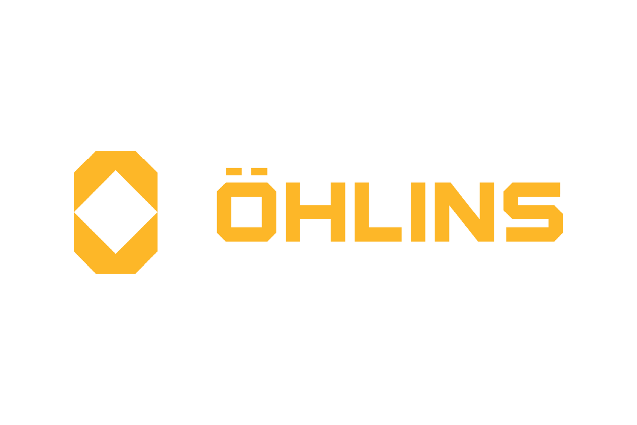 Ohlins logo with a yellow and black color scheme, featuring a shield-like emblem and the company name in block letters.