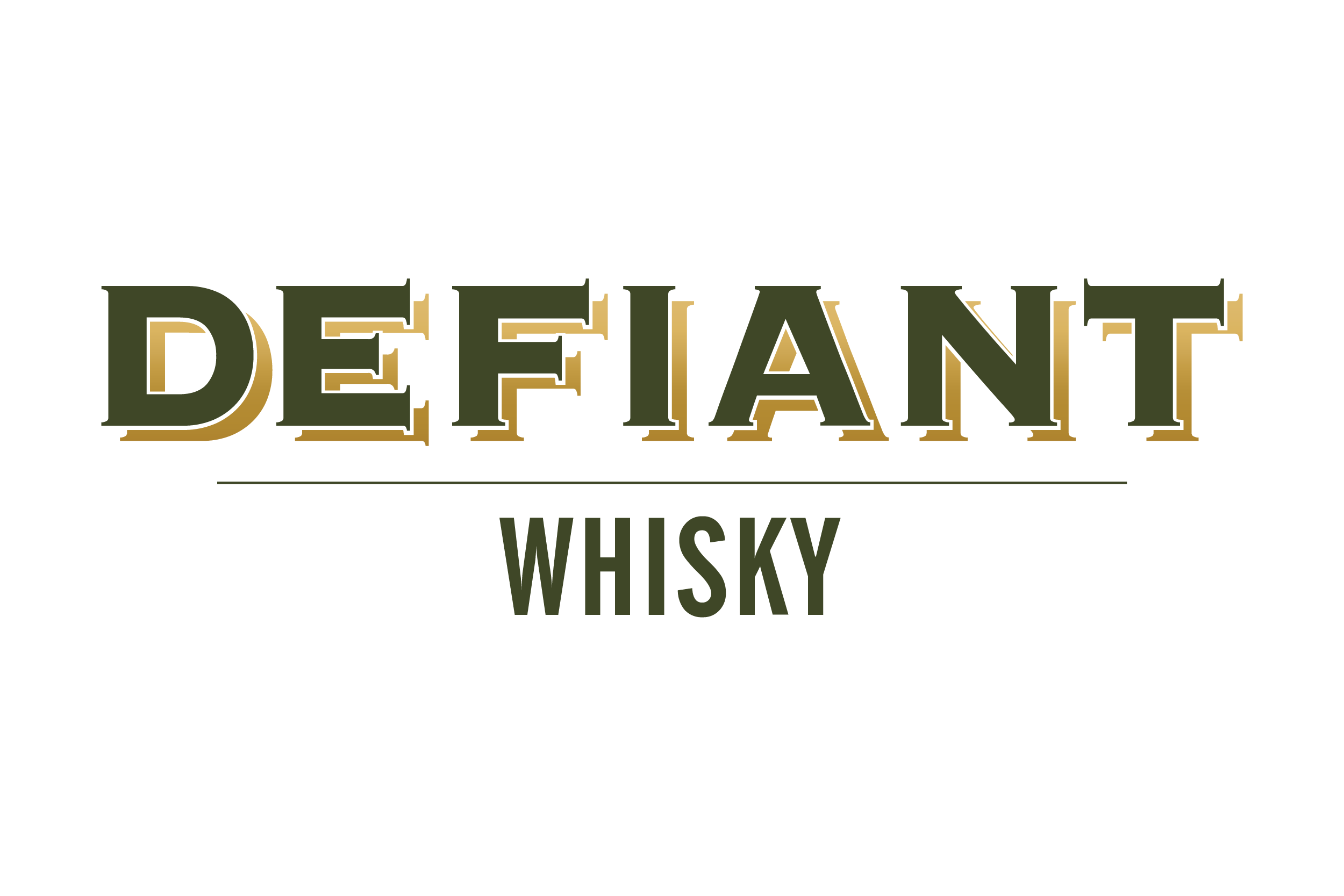 Logo for Defiant Whisky with bold green and gold text on black background.