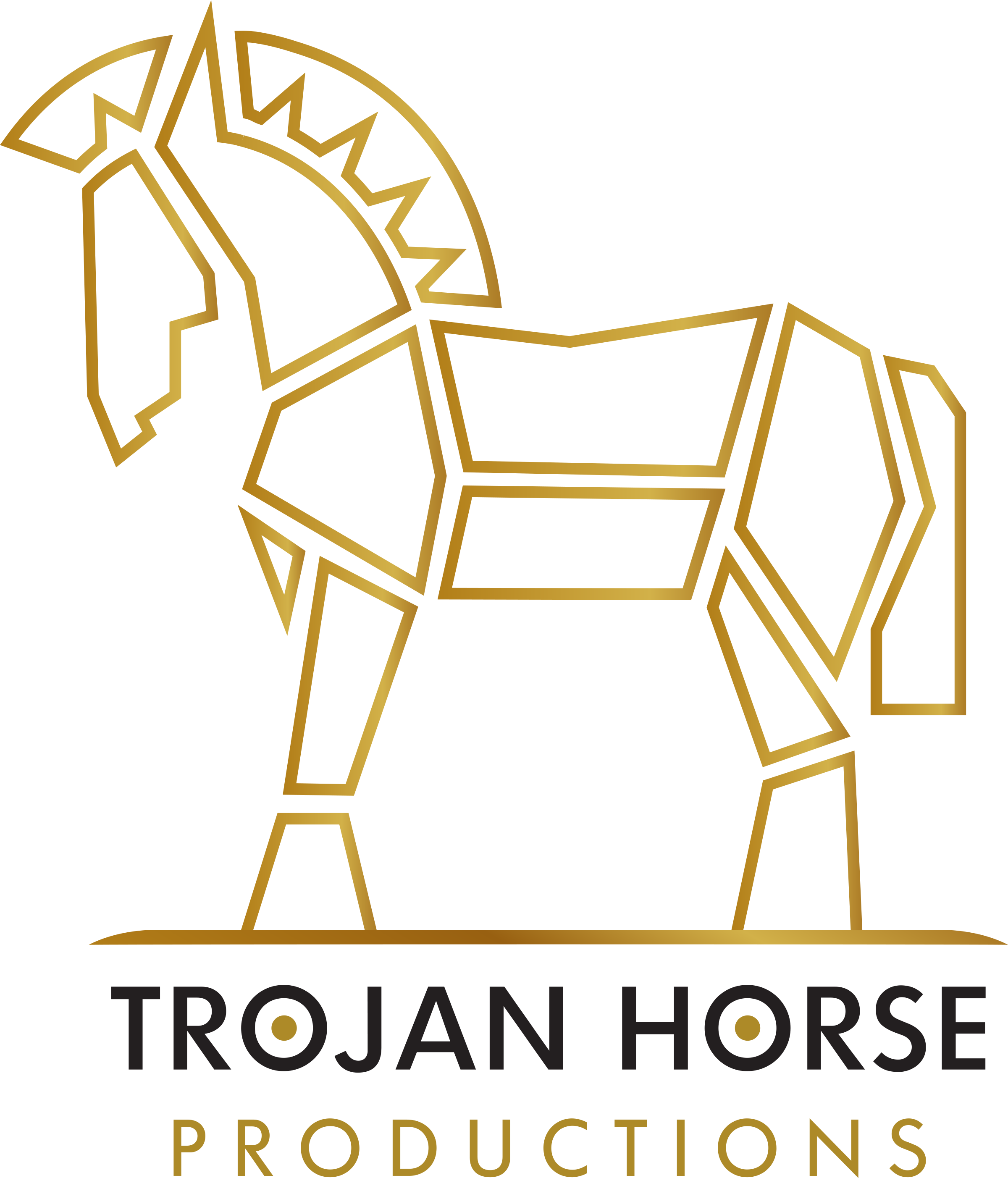 Gold outline of a Trojan horse with the words "Trojan Horse Productions" below in black and gold text.