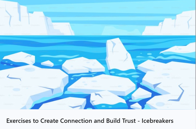 Icebergs in the sea with the title Exercises to Create Connection and Build Trust.