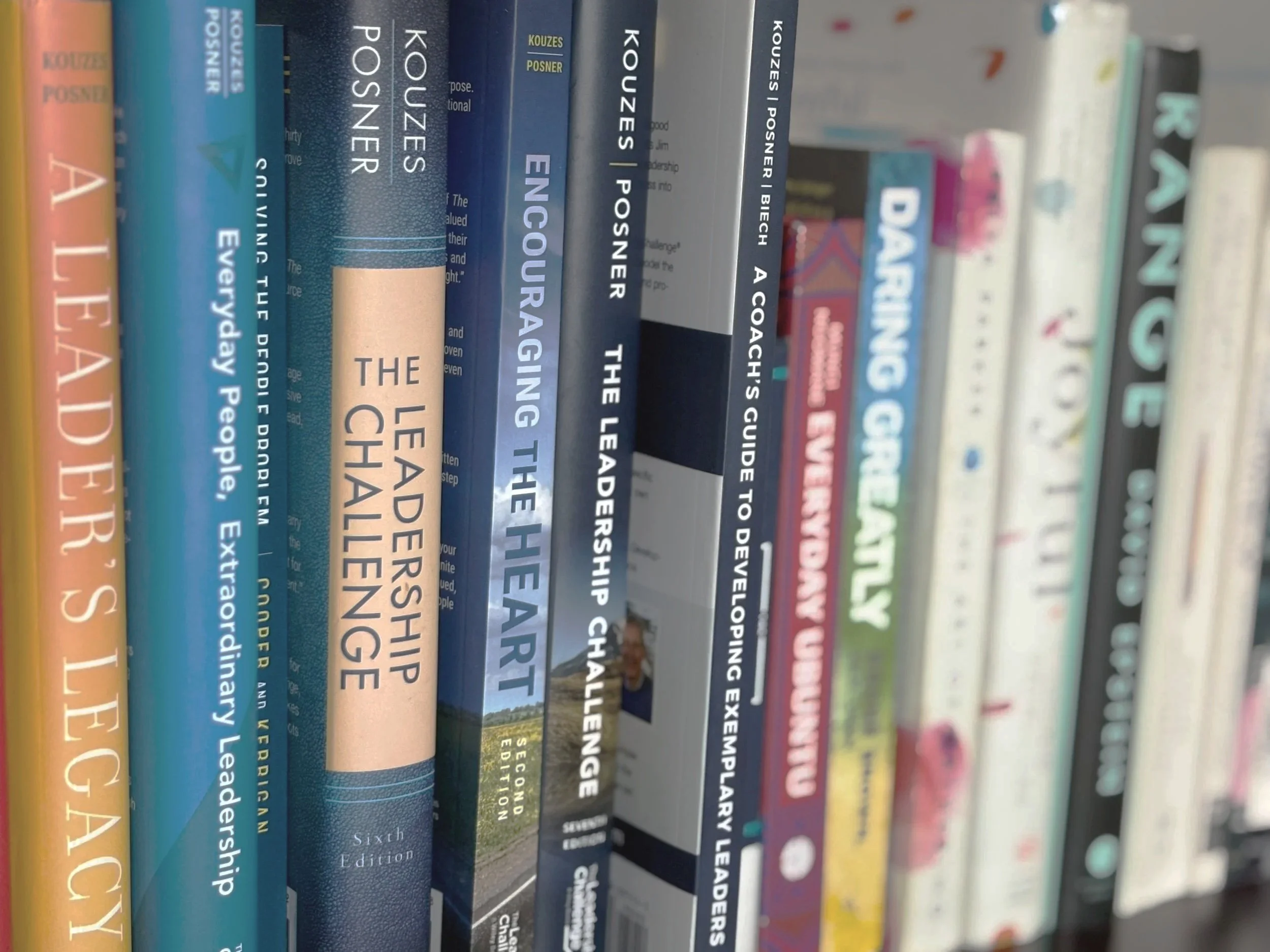 Photo of a row of leadership-themed books on a shelf.