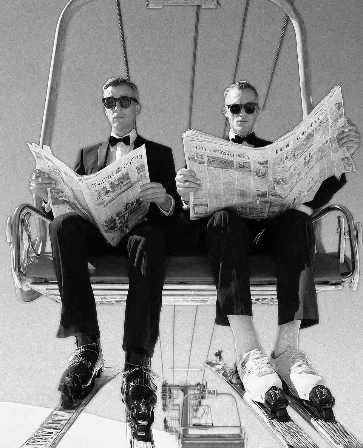 Two men in tuxedos and sunglasses sitting on a ski lift, reading newspapers, with skis on their feet, against a clear sky.