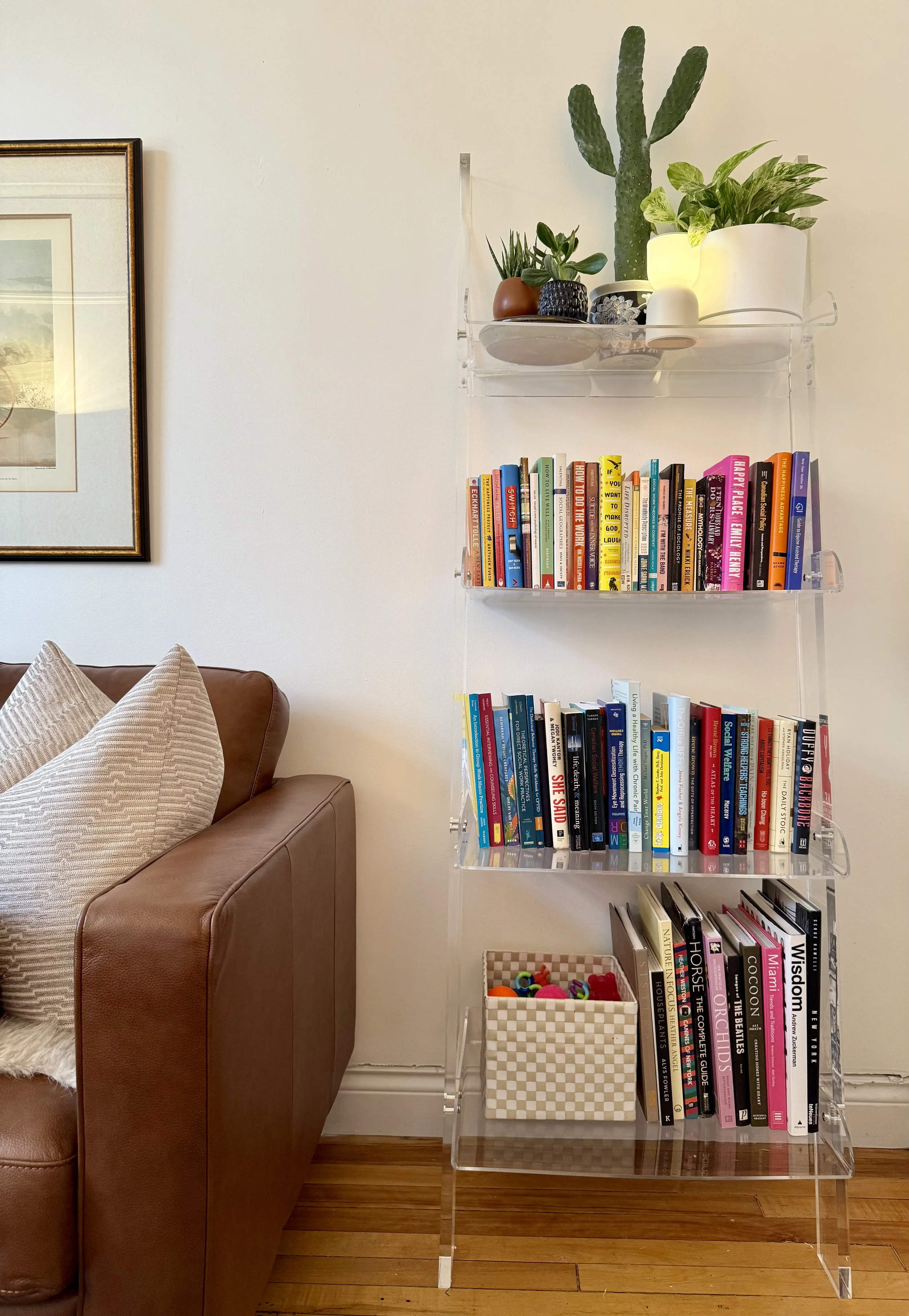 Clear acrylic bookshelf with three shelves containing various books and decorative items, placed next to a brown sofa with beige cushions in a living room.