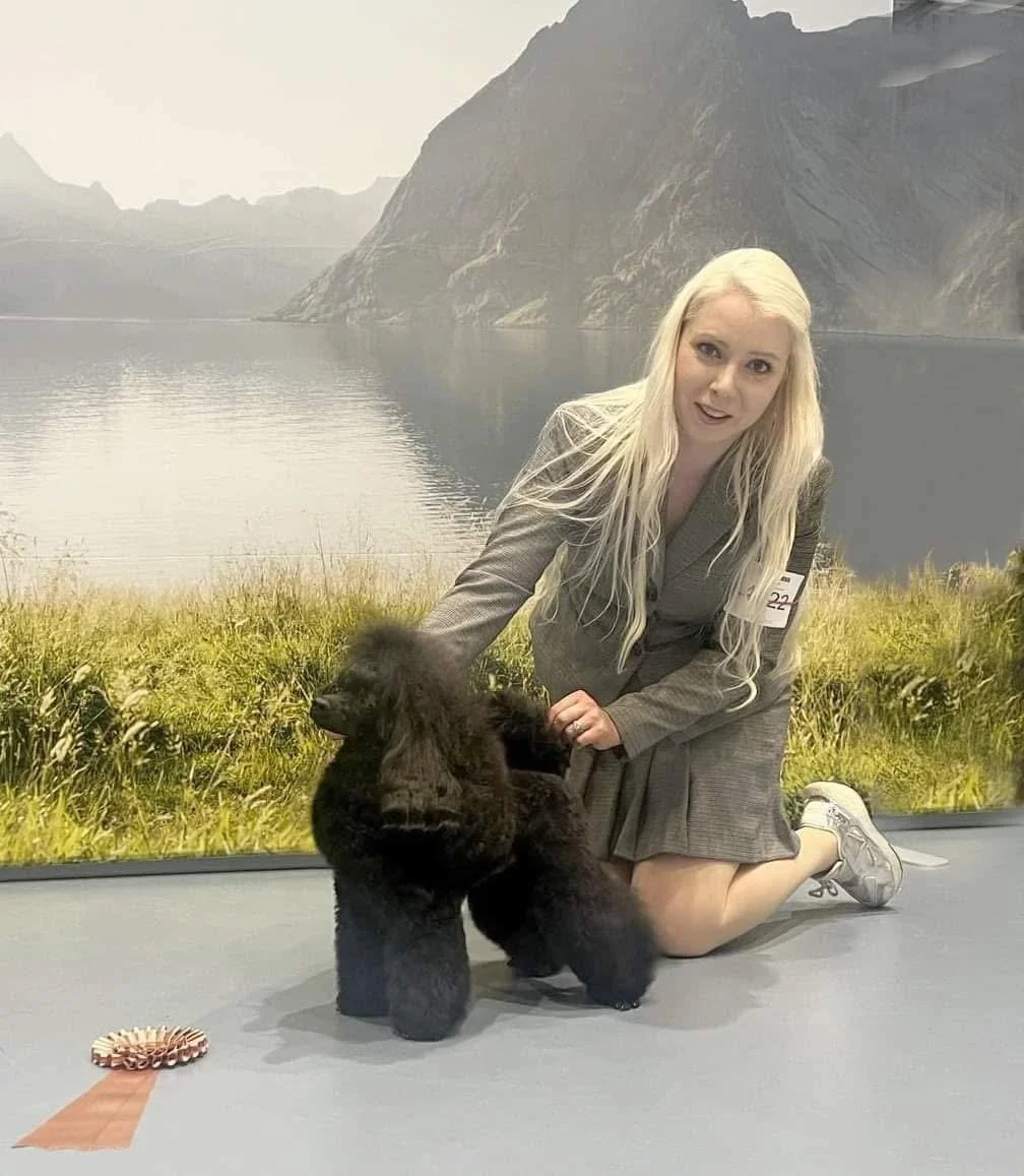 A woman in a gray blazer and skirt kneeling on the floor, holding a black Cocker Spaniel puppy. They are in front of a scenic backdrop of a lake and mountains.