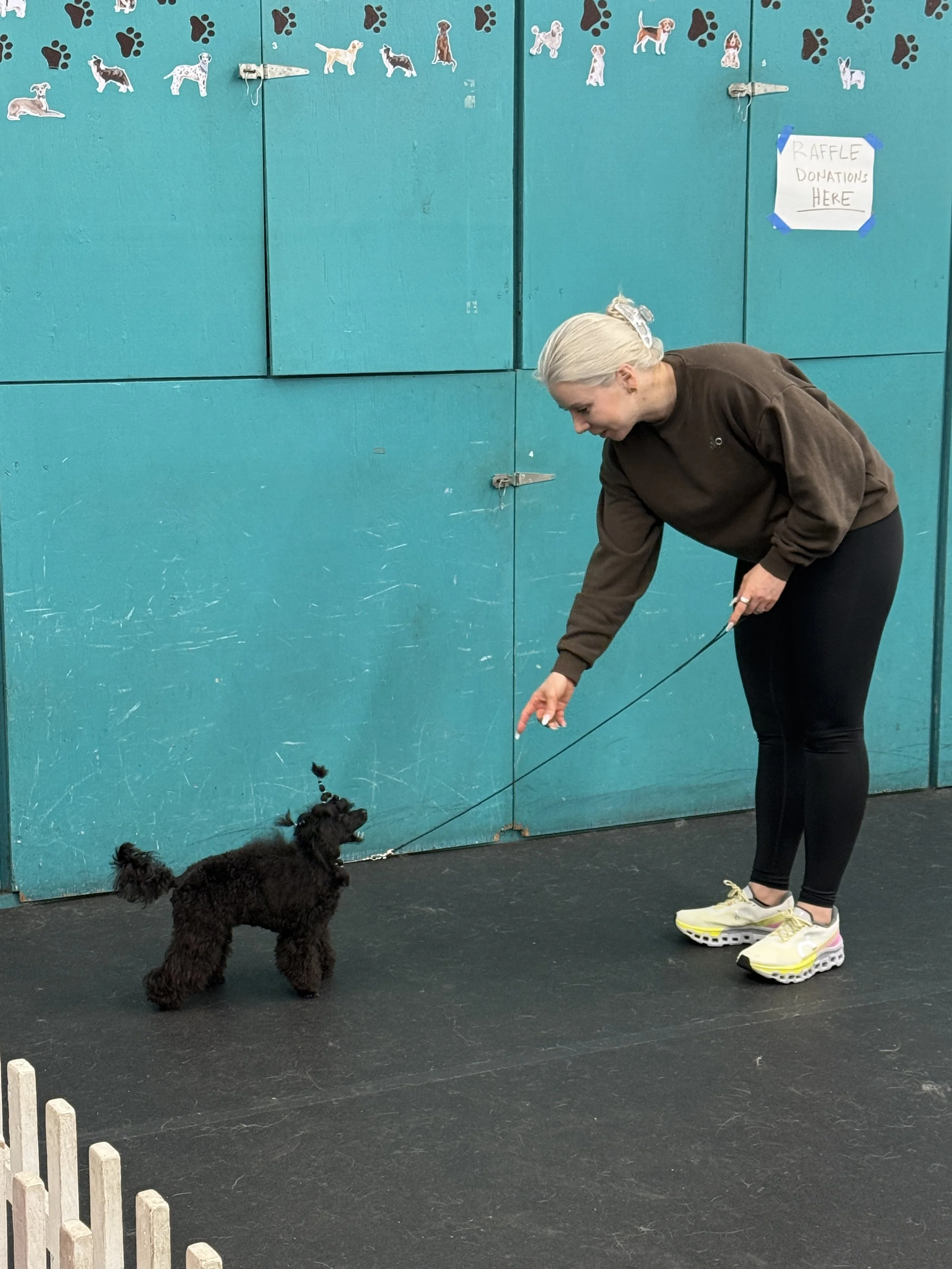 A woman with gray hair tied back, wearing a brown sweatshirt, black leggings, and yellow running shoes, is training a small black dog with a curly coat on a leash in an indoor play area with a black floor and teal walls. There is a sign on the wall t