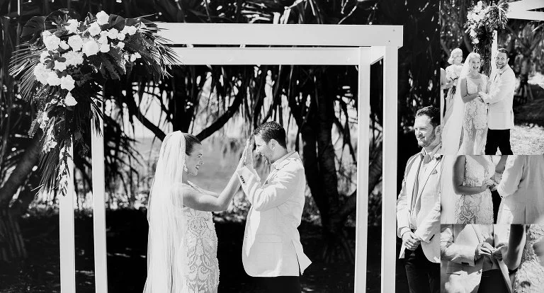 A black and white photo of a wedding ceremony outdoors by Lee Burgess from Love and Life Photography 