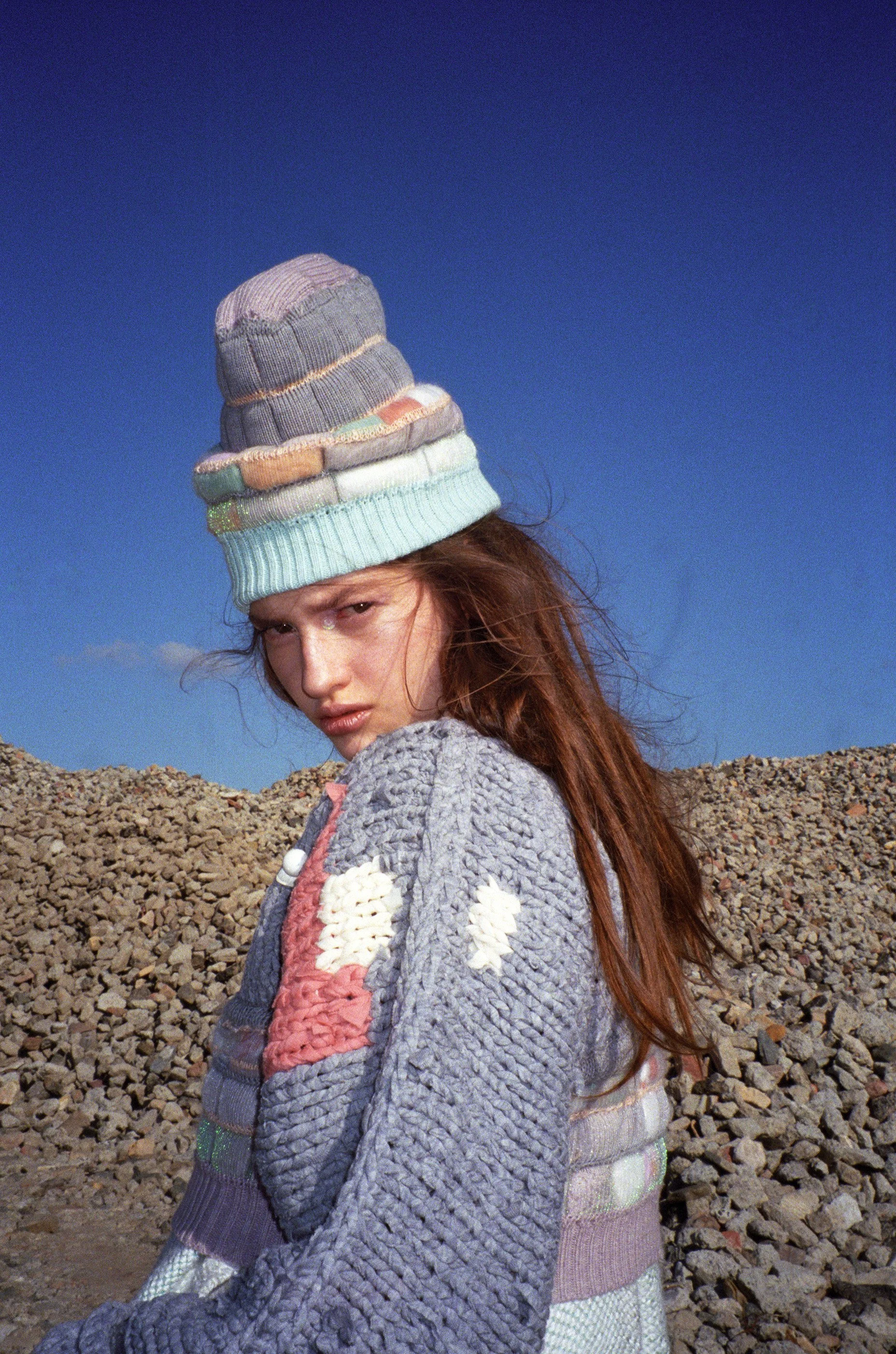 creative collaboration hand knit sweater craft knit grey quilted beanie handmade art