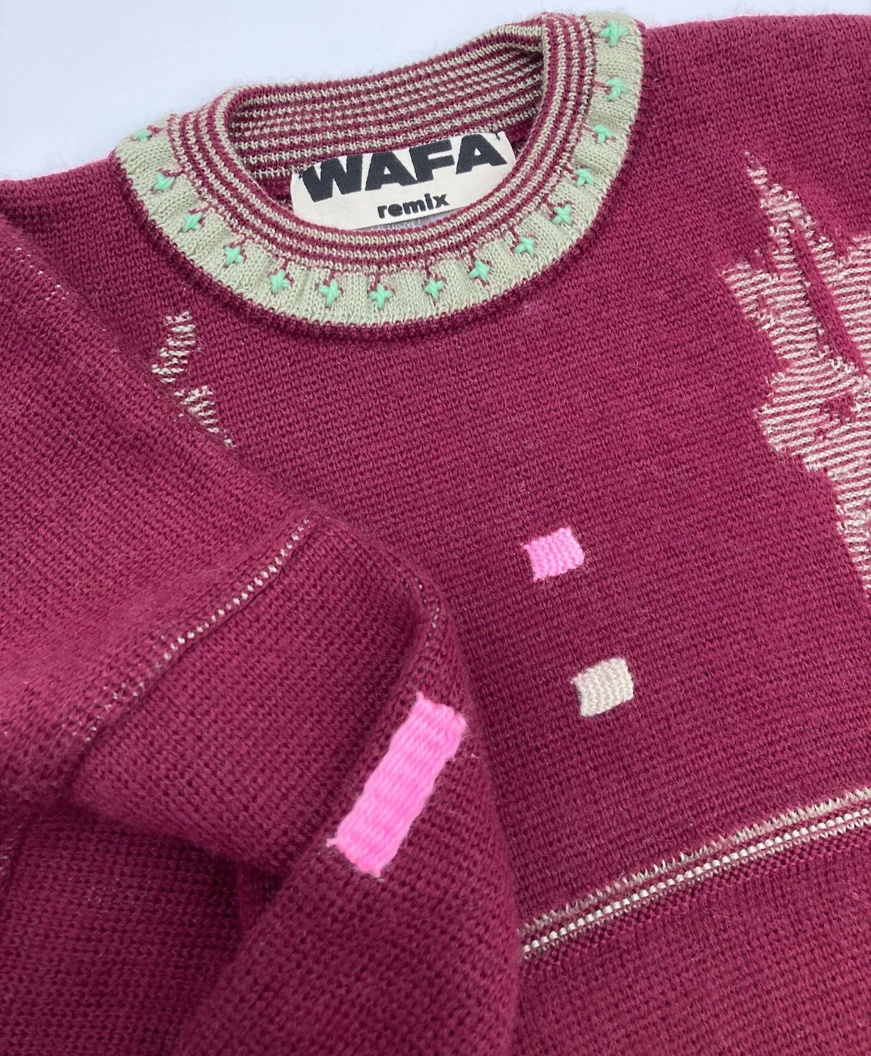 wafa remix knitwear visible mend repair art creative craft maroon