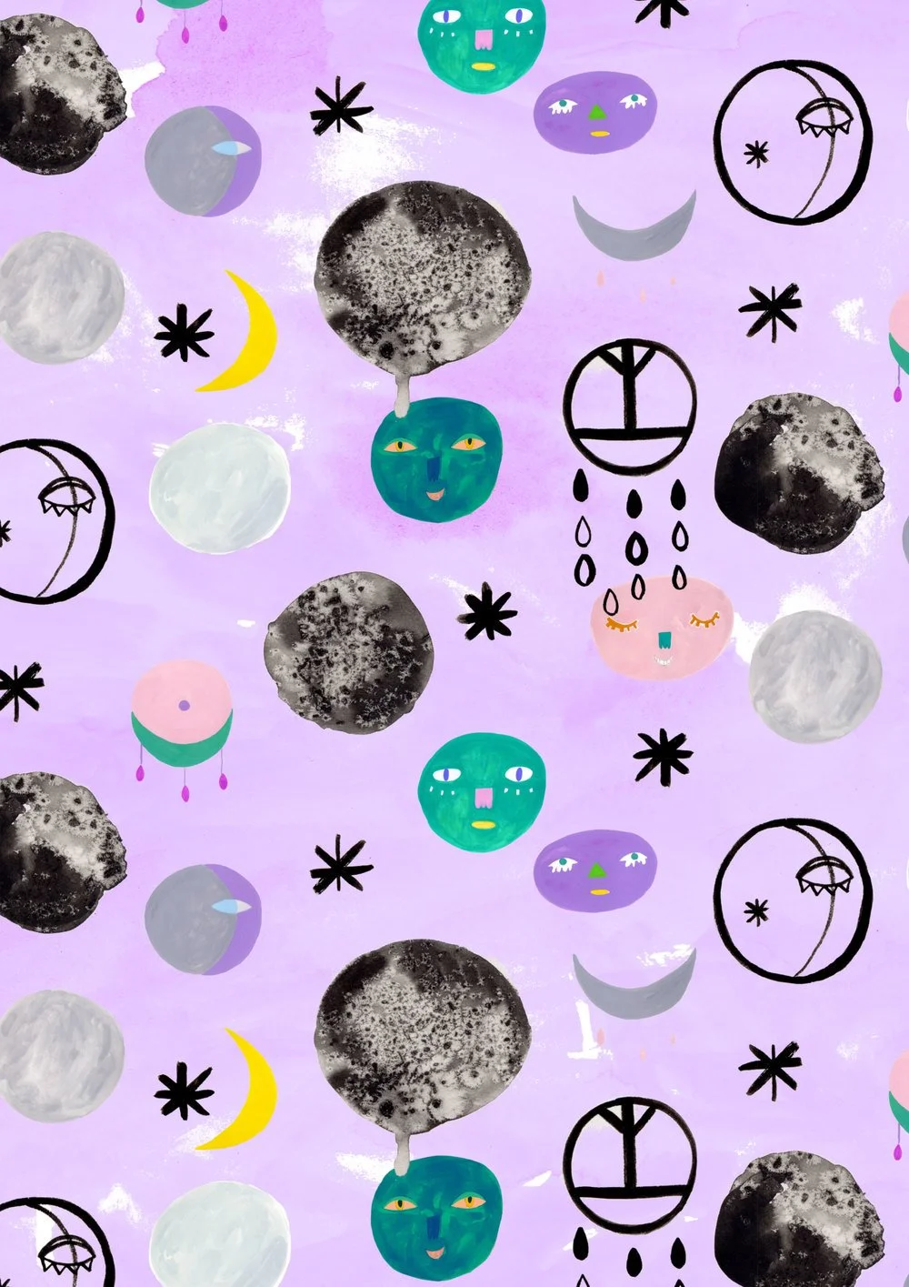 creative collaboration moon cult hand painted yardage print  digital collage watercolour lavender purple