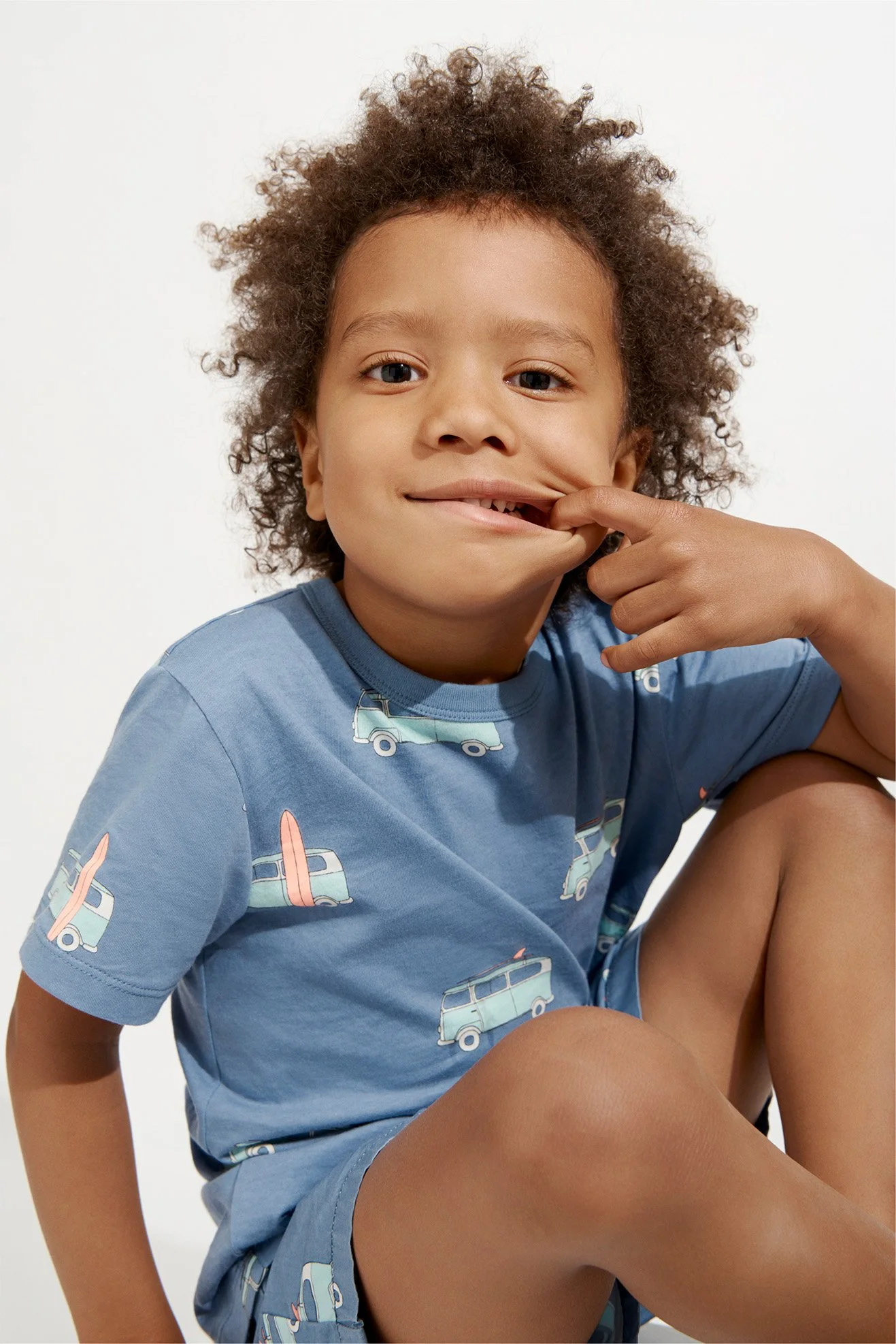 boy childrenswear hand drawn yardage print combi van surf blue