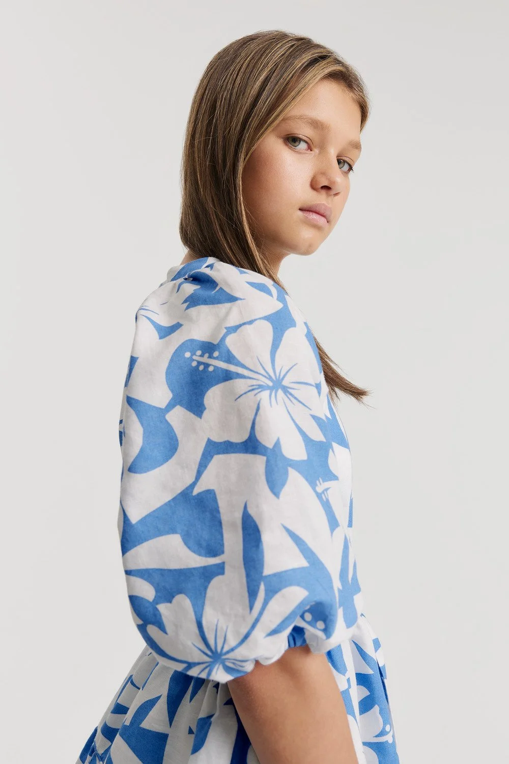 teen girl childrenswear yardage print hand drawn cut paper abstract hibiscus geo blue