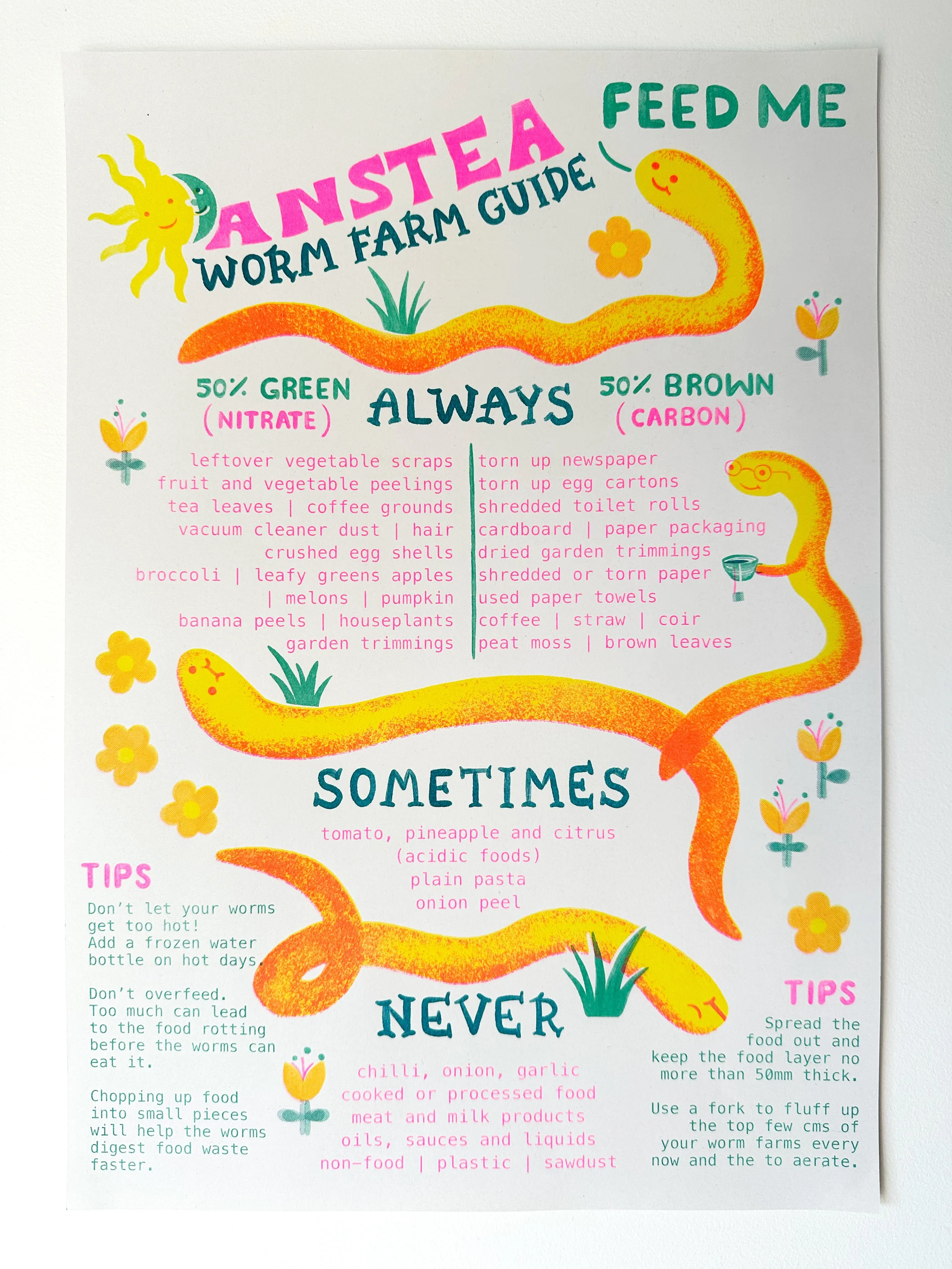 creative illustration riso print poster gallery art installation sustainability nature worm garden community