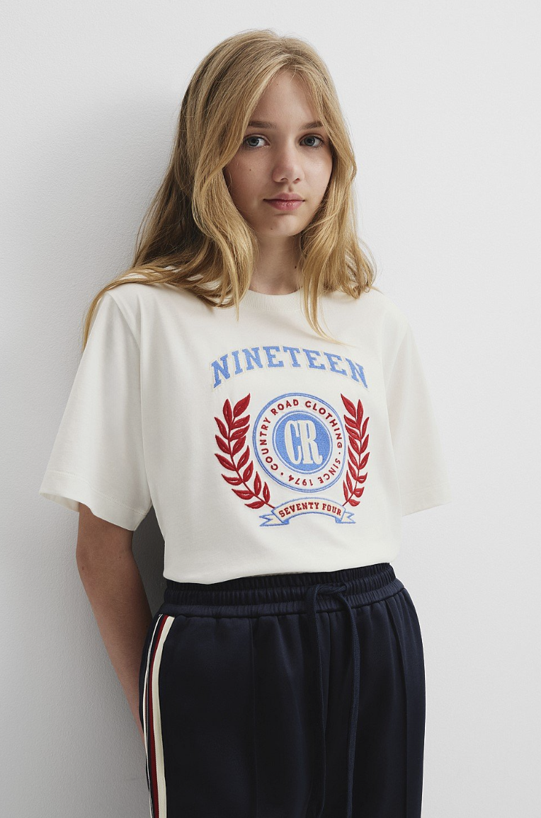 teen girl childrenswear embroidered printed logo placement red blue