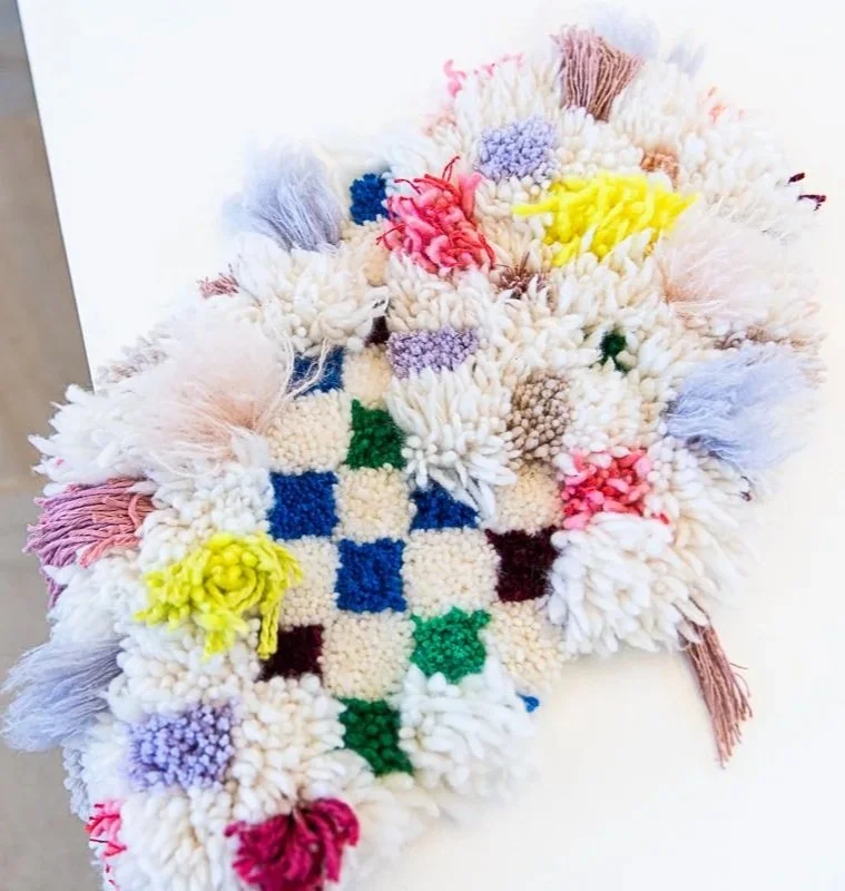 creative latch hook rug art gallery installation conceptual tufted scrap yarn check