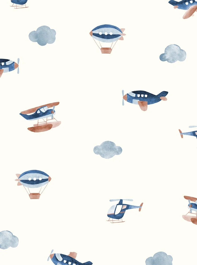 baby boy childrenswear yardage print hand painted clouds planes blimp blue