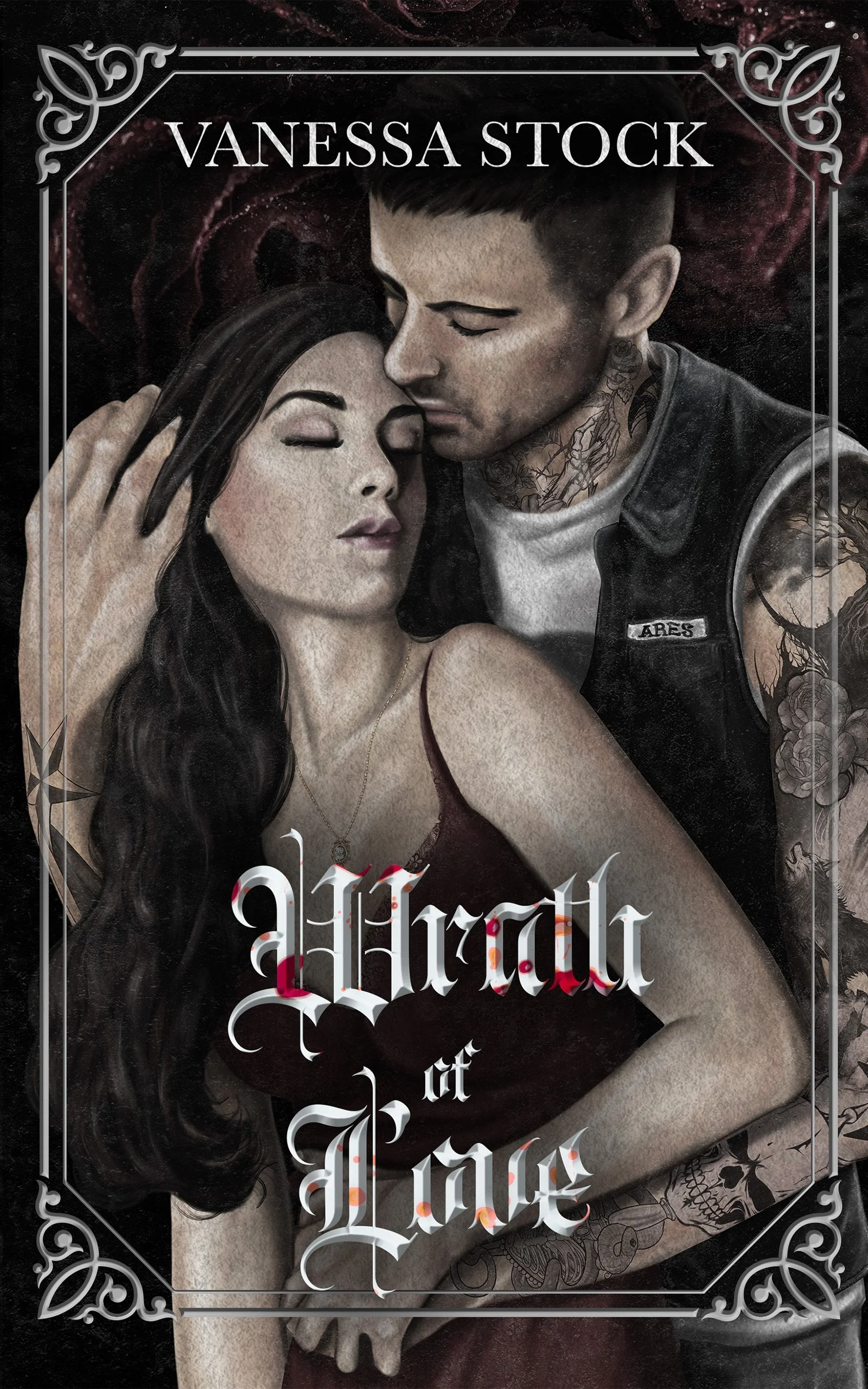 Book cover titled 'Wrath of Love' by Vanessa Stock, featuring greek mythology with a tattooed man and a woman with long dark hair embracing with their eyes closed.