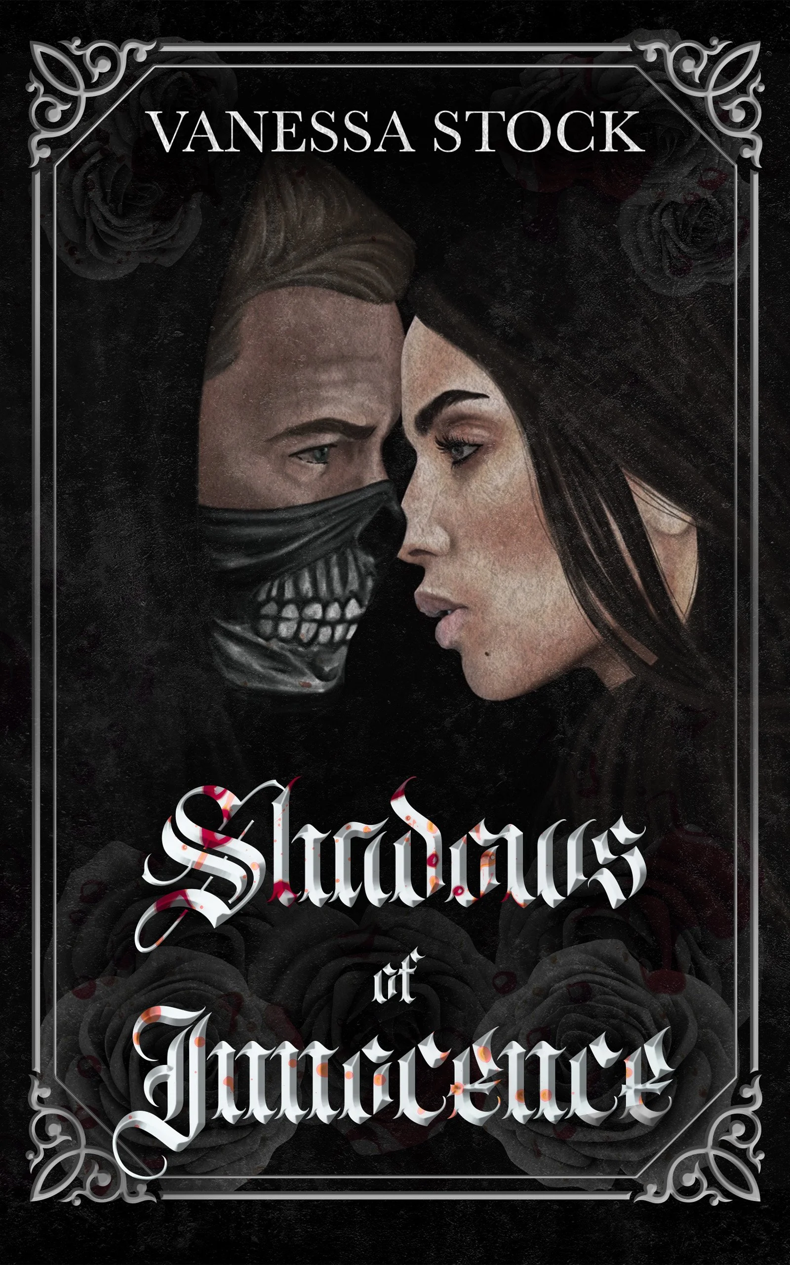 Book cover titled "Shadows of Innocence" by Vanessa Stock, featuring an illustration of a man and woman facing each other closely, with the man wearing a black skull mask and the woman with dark hair, set against a dark background with faint roses.