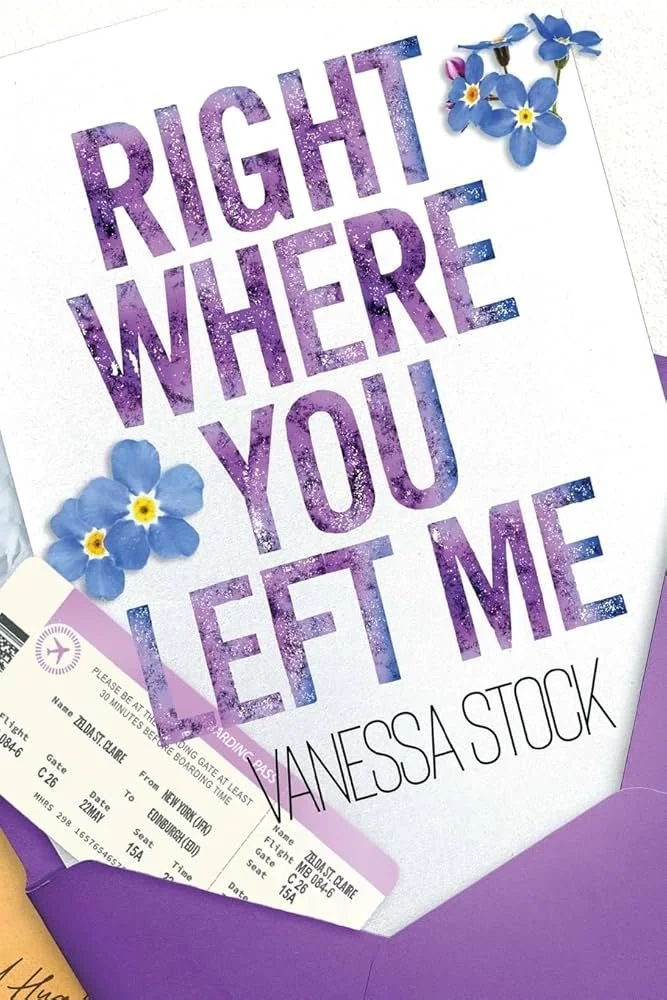 A sign that says "Right where you left me" in purple galaxy-style letters, decorated with blue flowers and a flight ticket, with purple paper at the bottom.