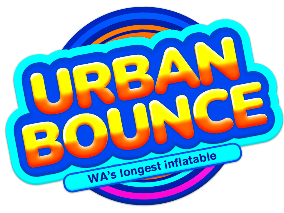 Bright, colorful logo for 'Urban Bounce,' with the tagline 'WA's longest inflatable,' featuring bold yellow and orange text outlined in blue and a rainbow design in the background.