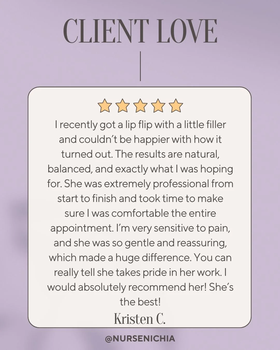 Customer review about a lip filler treatment with five-star rating, praising the professionalism and gentle care of the provider, indicating satisfaction with natural results.