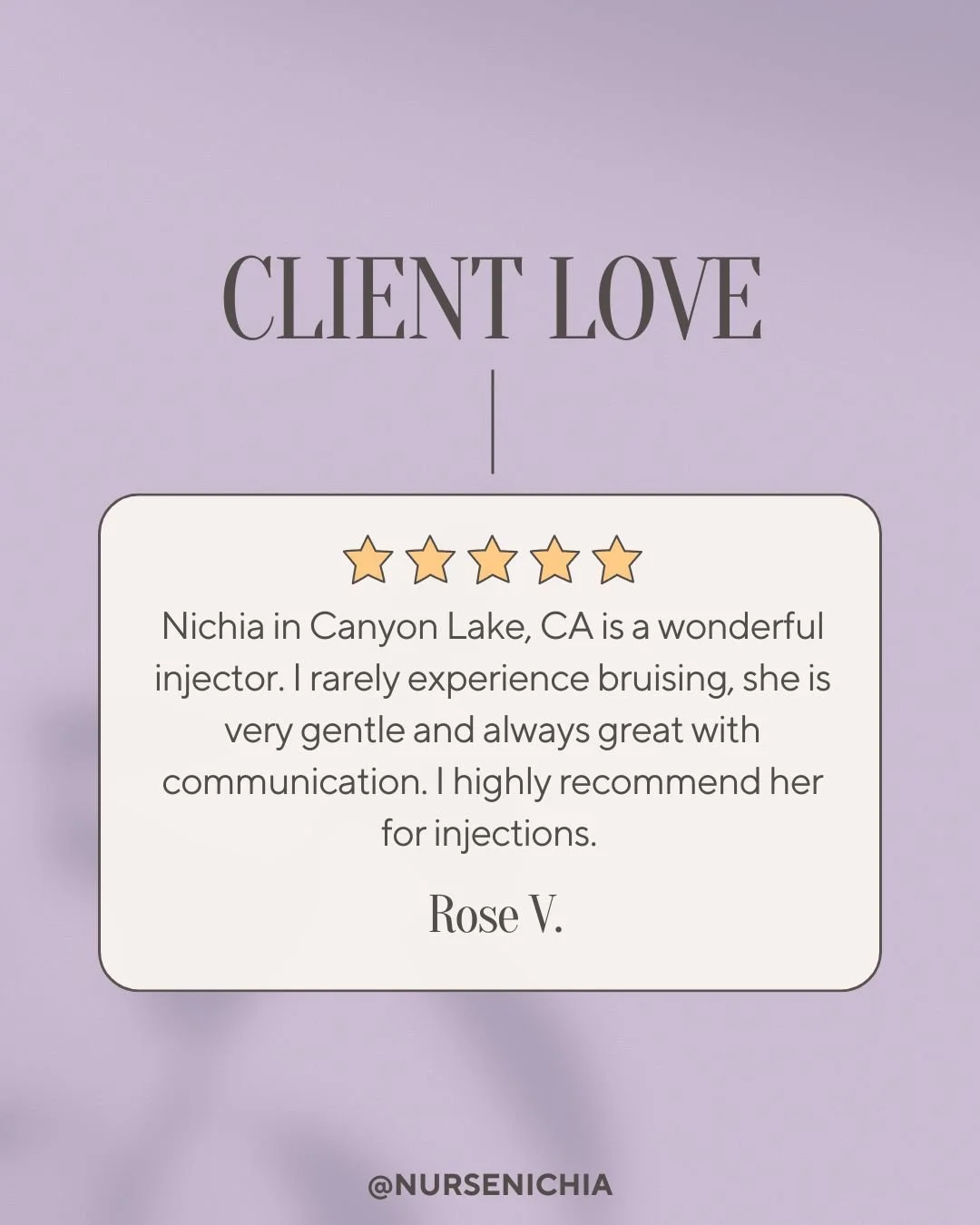 Customer review for Nichia in Canyon Lake, CA, with a five-star rating and positive feedback about her injector, Rose V.