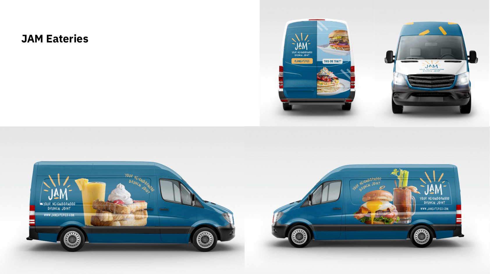 JAM Eateries vehicle wrap design showing front, rear, and side applications.