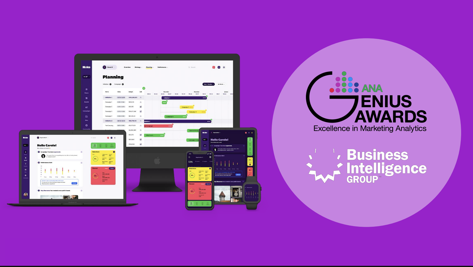 Nuke media intelligence platform shown across desktop, laptop, tablet, phone, and watch.