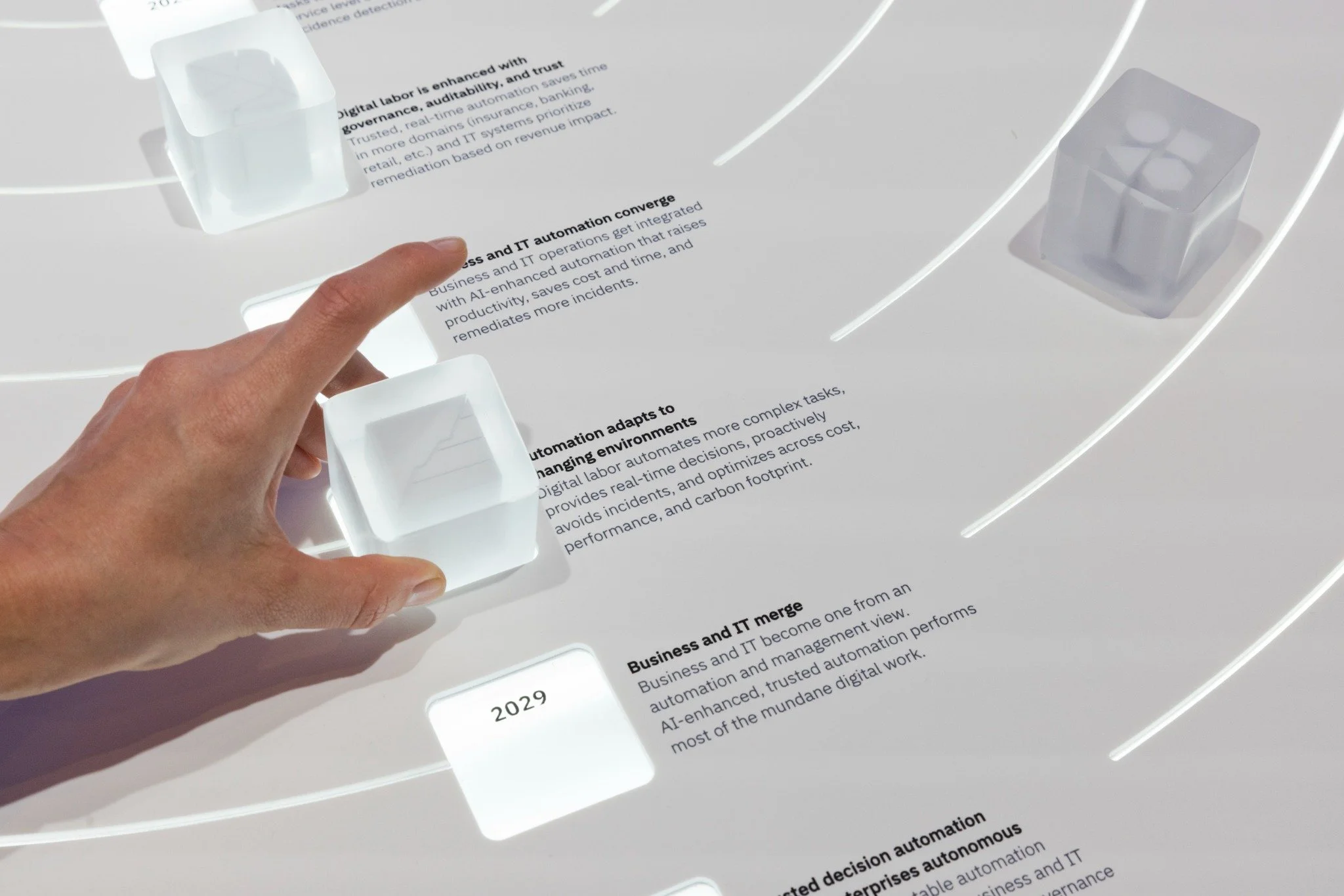 A hand interacting with illuminated blocks on IBM’s Technology Atlas display at Think 2023.