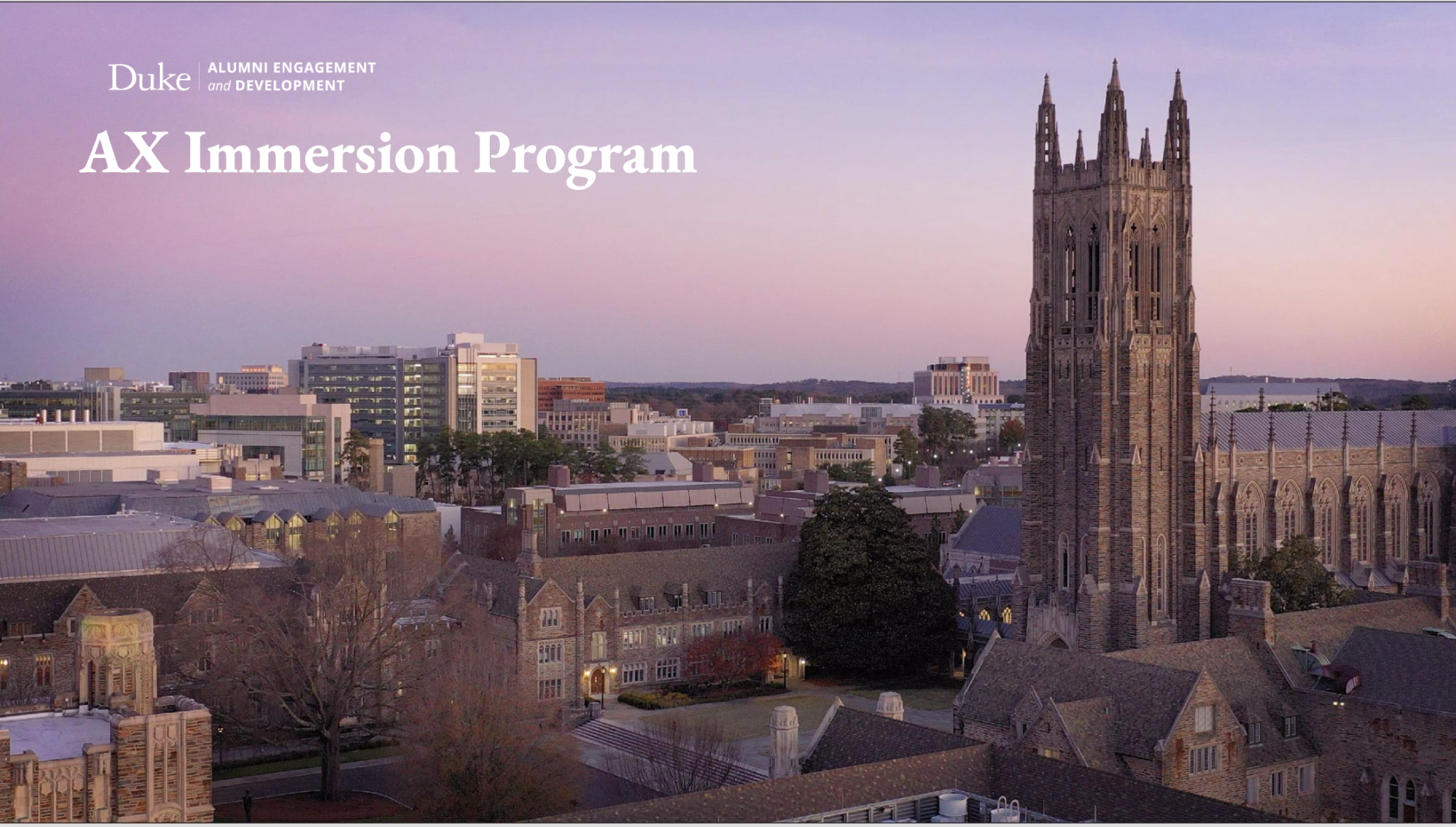 Duke Alumni Engagement and Development AX Immersion Program artwork featuring Duke campus at dusk.