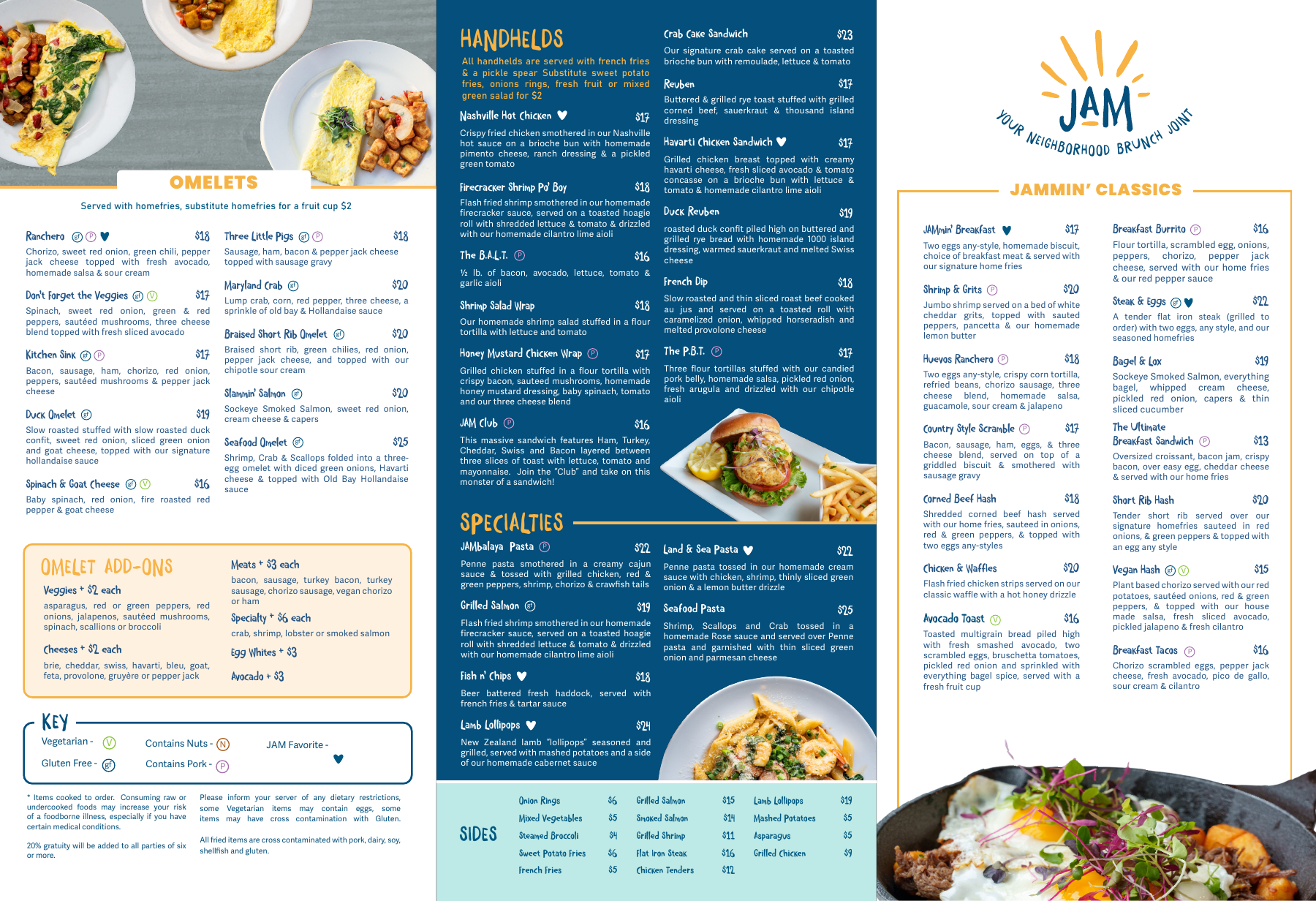 JAM Eateries branded food menu, showing the typography, color palette, and food photography.
