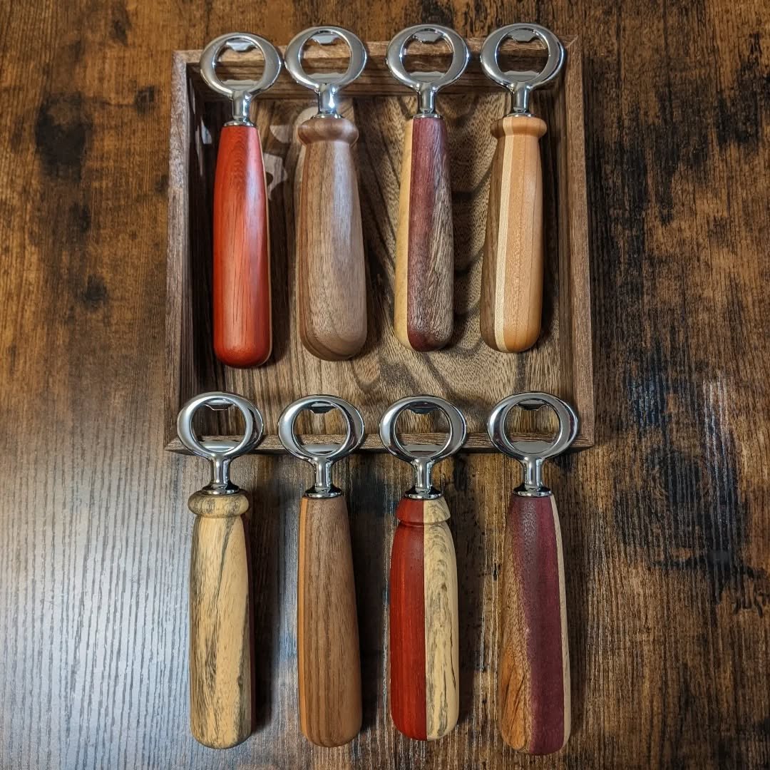 First batch done 🪚

Every bottle opener has a turned handle from a shop made blank I glued up in the shop. They are a mix of various hardwoods and certainly have their own character. 

Eight finished...plenty of more to go ✨

#woodturning #woodturne
