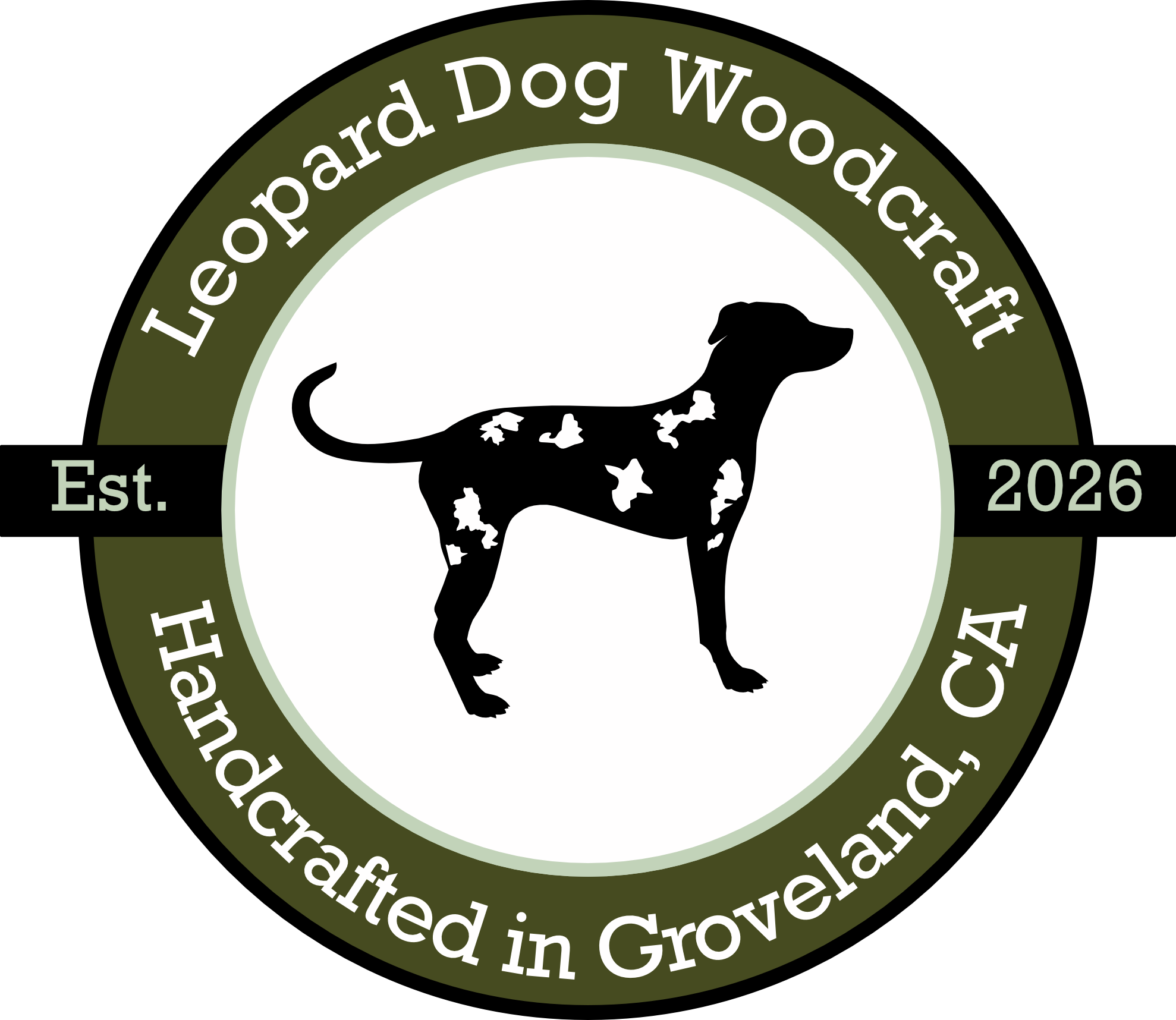 Circular logo for Leopard Dog Woodcraft. includes text Leopard Dog Woodcraft, Handcrafted in Groveland, CA, Est. 2026. The center is the outline of a Catahoula Leopard Dog.