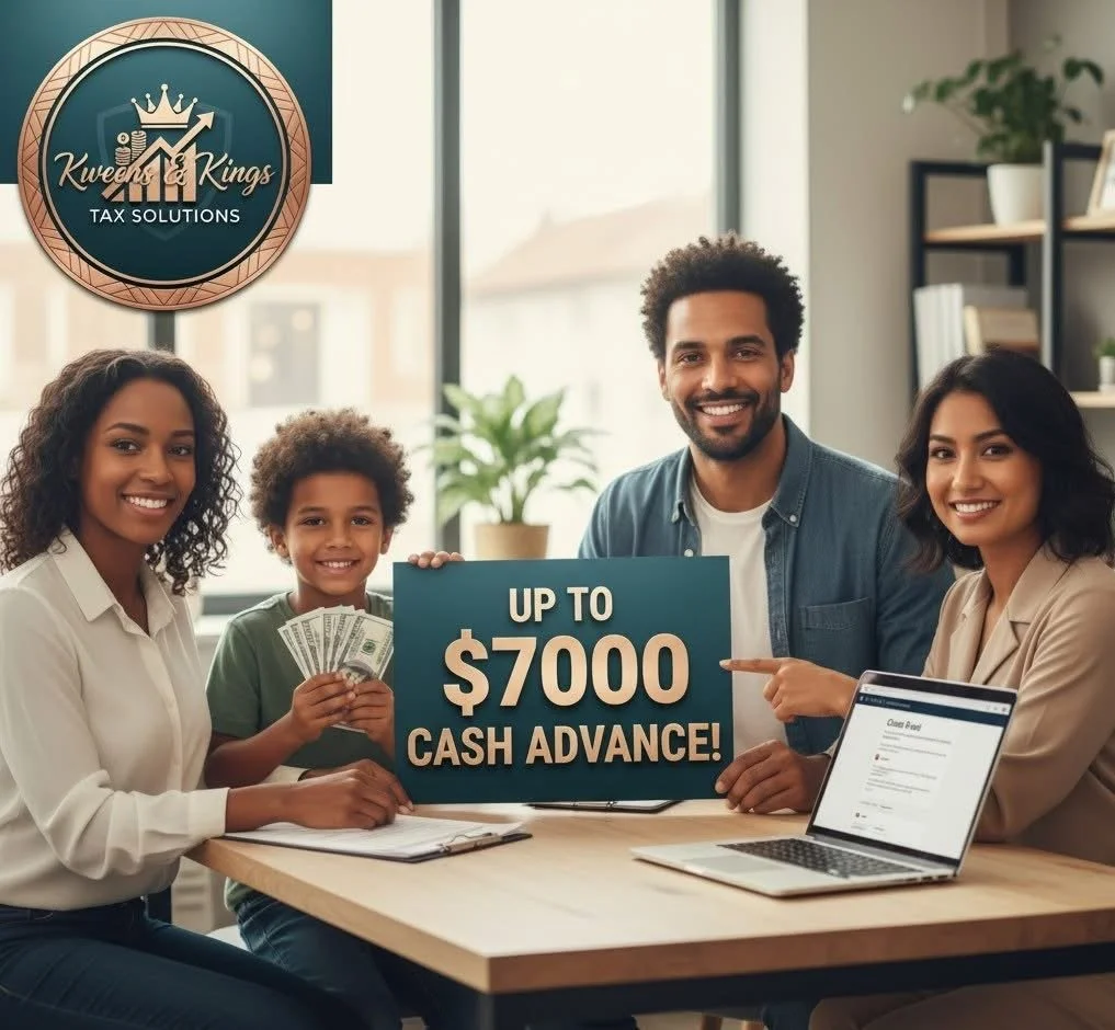Group of four people, including a woman, a child, a man, and another woman, smiling and holding a sign that says "Up to $7000 Cash Advance." The woman on the right is pointing at the sign, and the woman on the left is holding a fan of cash. There is a laptop and a clipboard on the table. A logo in the top left corner reads "Kwedii & Kings Tax Solutions." The setting appears to be an office with large windows and indoor plants.