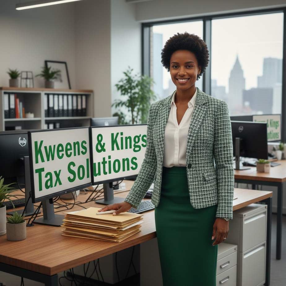 A woman standing in an office with two computer monitors. The woman is smiling, wearing a white blouse, a green skirt, and a checkered blazer. The office has large windows, a cityscape view, desks, monitors, and potted plants.