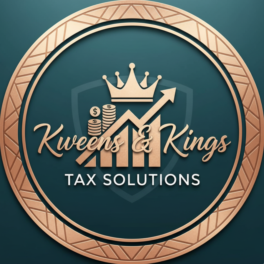 Logo for Kweens & Kings Tax Solutions featuring a crown, ascending arrow, stacked coins with dollar signs, and bar graphs inside a circular emblem.