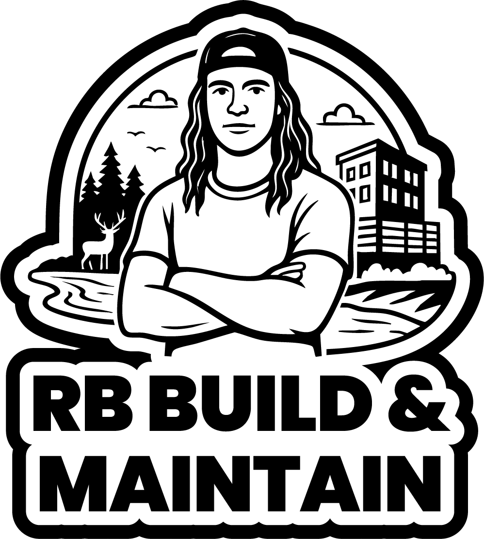 Black and white logo featuring a man with long hair in a baseball cap, crossing arms, with the landscape of trees, a deer, a river, and a building in the background, and the text "RB BUILDS & MAINTAIN" below.