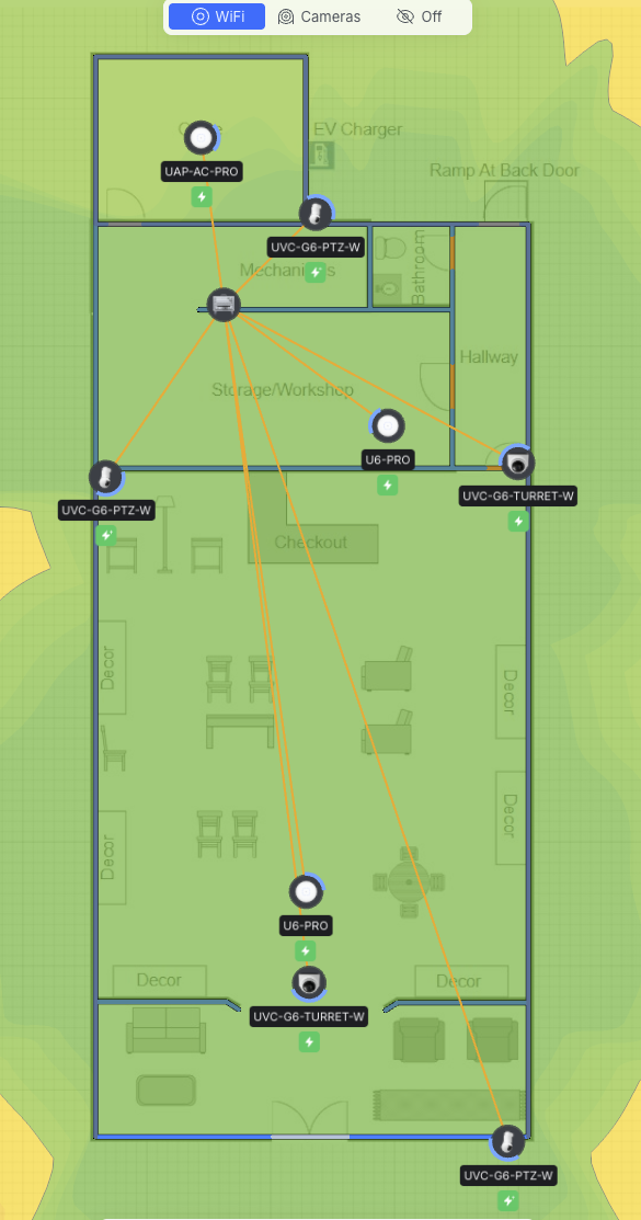 Floor plan of a building with security cameras and WiFi coverage indicators. Rooms labeled as hallway, bathroom, storage/workshop, and decorated areas. Multiple cameras connected to a central device, with WiFi signal icons at various points.