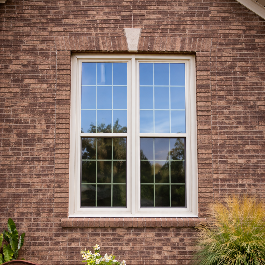 A double-hung window with white trim on a brick house, reflecting blue sky and trees.