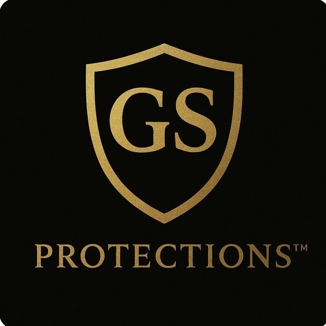 A black background featuring a gold shield with the letters 'GS' inside and the word 'PROTECTIONS' beneath it.
